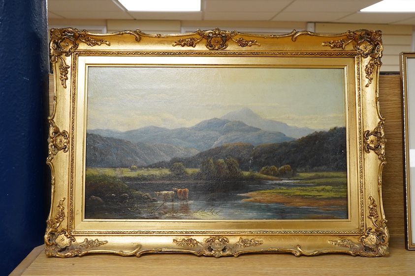 19th century School, Welsh valley with cattle watering, unsigned, oil on canvas, 29 x 49cm, gilt frame